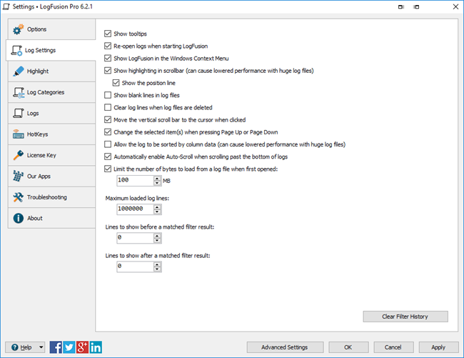 LogFusion Log Settings Tab